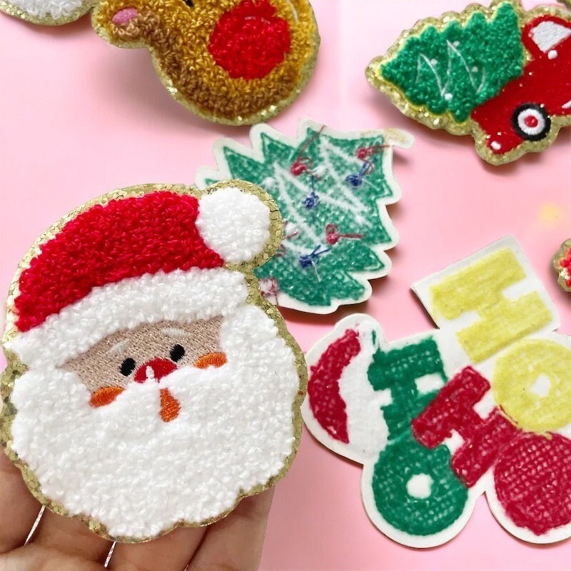 Chenille Santa Patch, Christmas Chenille Patches, Holiday Iron On Patches